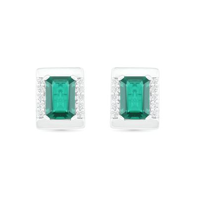 Emerald-Cut Lab-Created Emerald and White Sapphire Bar Frame Stud Earrings in Sterling Silver|Peoples Jewellers