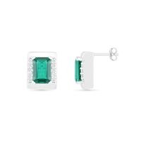 Emerald-Cut Lab-Created Emerald and White Sapphire Bar Frame Stud Earrings in Sterling Silver|Peoples Jewellers