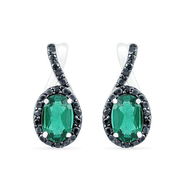 Oval Lab-Created Emerald and 0.085 CT. T.W. Black Enhanced Diamond Frame Twist Drop Earrings in Sterling Silver|Peoples Jewellers