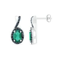 Oval Lab-Created Emerald and 0.085 CT. T.W. Black Enhanced Diamond Frame Twist Drop Earrings in Sterling Silver|Peoples Jewellers