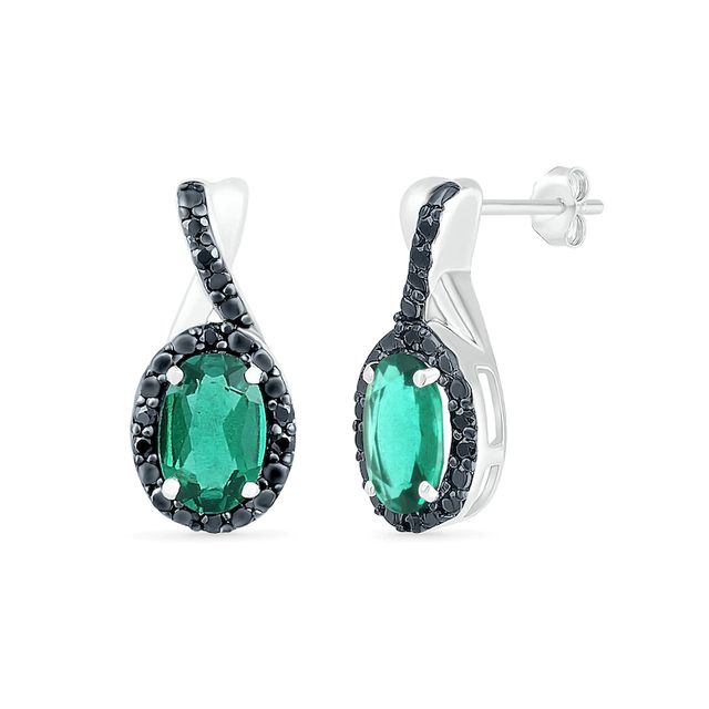Oval Lab-Created Emerald and 0.085 CT. T.W. Black Enhanced Diamond Frame Twist Drop Earrings in Sterling Silver|Peoples Jewellers