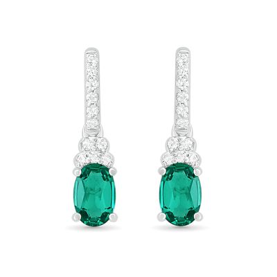 Oval Lab-Created Emerald and White Sapphire Tiered-Top Drop Earrings in Sterling Silver|Peoples Jewellers