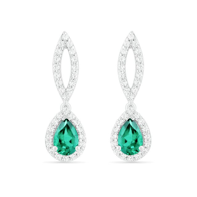 Pear-Shaped Lab-Created Emerald and White Sapphire Frame Open Marquise Drop Earrings in Sterling Silver|Peoples Jewellers