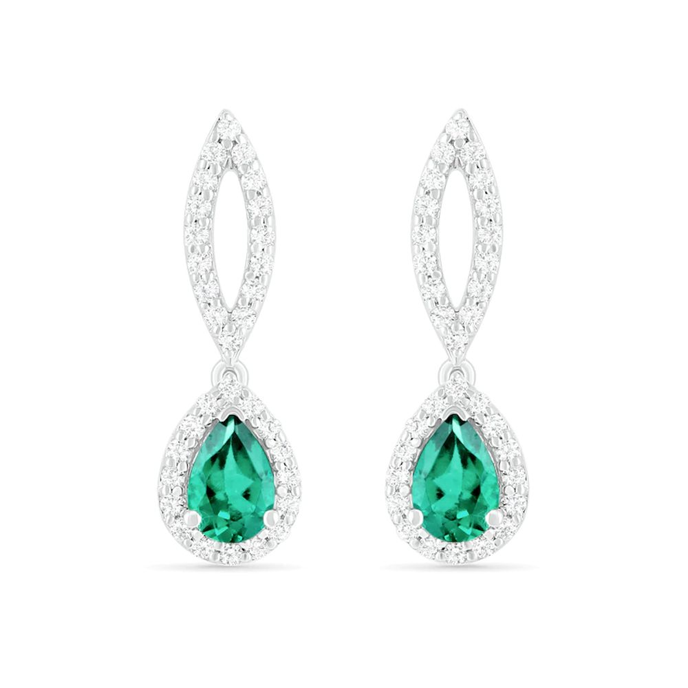 Pear-Shaped Lab-Created Emerald and White Sapphire Frame Open Marquise Drop Earrings in Sterling Silver|Peoples Jewellers