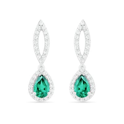 Pear-Shaped Lab-Created Emerald and White Sapphire Frame Open Marquise Drop Earrings in Sterling Silver|Peoples Jewellers