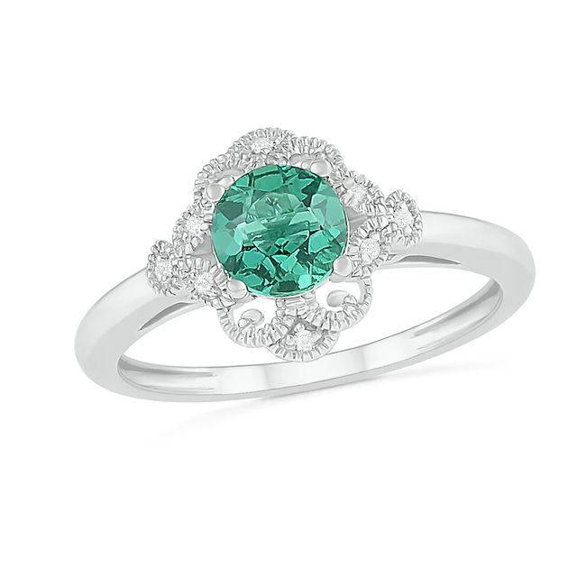 6.0mm Lab-Created Emerald and Diamond Accent Ornate Frame Vintage-Style Ring in Sterling Silver|Peoples Jewellers