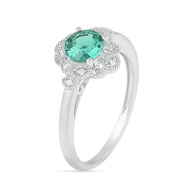 6.0mm Lab-Created Emerald and Diamond Accent Ornate Frame Vintage-Style Ring in Sterling Silver|Peoples Jewellers