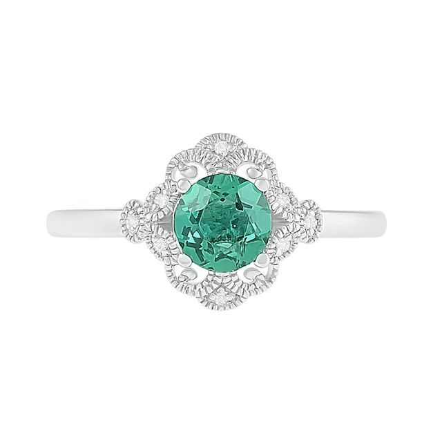6.0mm Lab-Created Emerald and Diamond Accent Ornate Frame Vintage-Style Ring in Sterling Silver|Peoples Jewellers