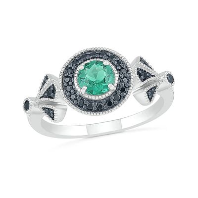 5.0mm Lab-Created Emerald and 0.146 CT. T.W. Black Enhanced Diamond Frame Vintage-Style Ring in Sterling Silver|Peoples Jewellers