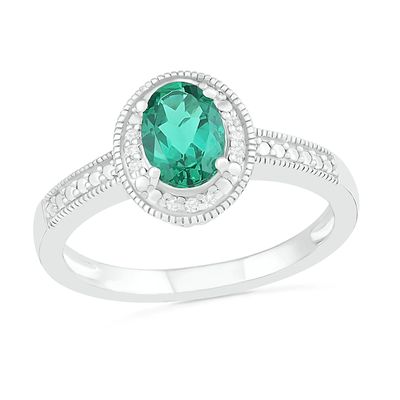 Oval Lab-Created Emerald and 0.04 CT. T.W. Diamond Beaded Frame Vintage-Style Ring in Sterling Silver|Peoples Jewellers