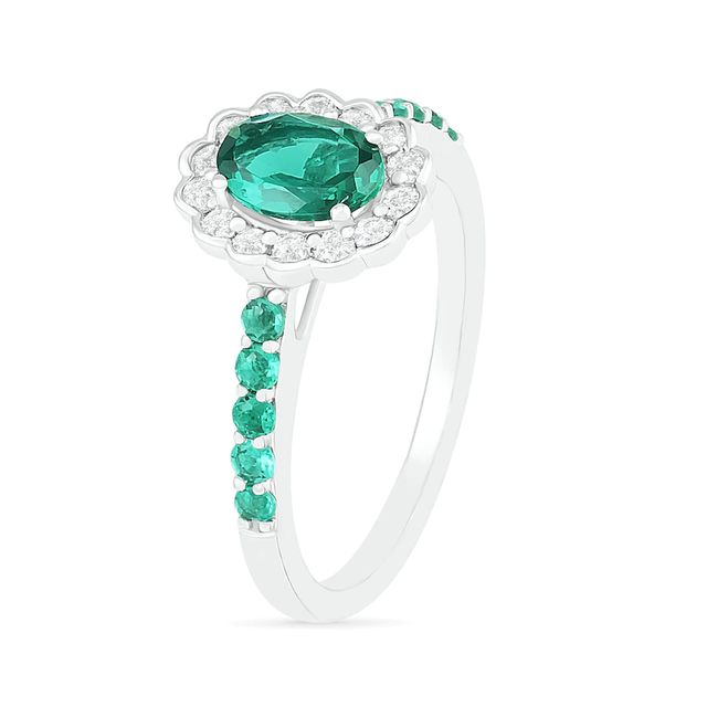 Oval Lab-Created Emerald and White Sapphire Scallop Frame Ring in Sterling Silver|Peoples Jewellers