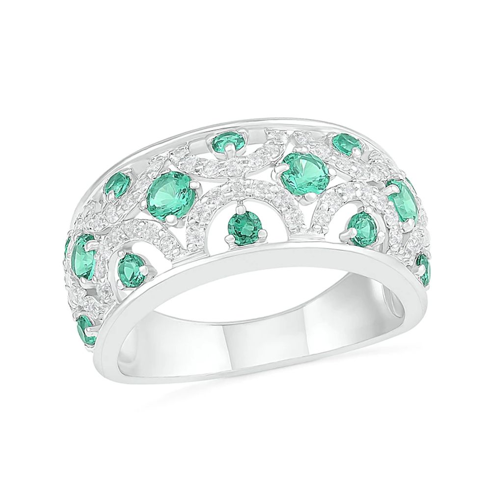 Lab-Created Emerald and White Sapphire Scallop Open Shank Ring in Sterling Silver|Peoples Jewellers