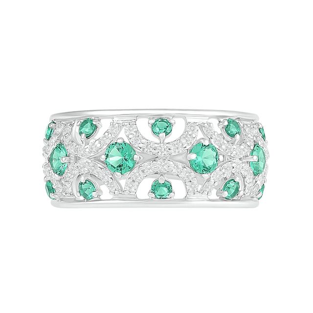 Lab-Created Emerald and White Sapphire Scallop Open Shank Ring in Sterling Silver