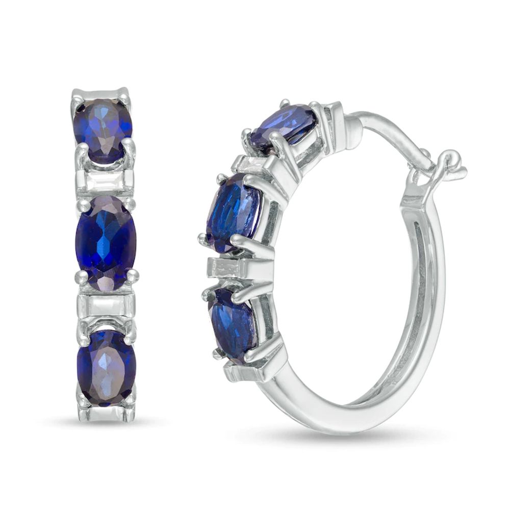 Oval Lab-Created Blue Sapphire and Baguette Diamond Accent Three Stone Hoop Earrings in Sterling Silver|Peoples Jewellers