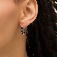 Oval Lab-Created Blue Sapphire and Baguette Diamond Accent Three Stone Hoop Earrings in Sterling Silver|Peoples Jewellers