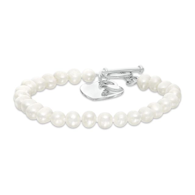 5.0-6.0mm Freshwater Cultured Pearl Strand Bracelet with Sterling Silver Heart Charm and Toggle Clasp-7.5"|Peoples Jewellers