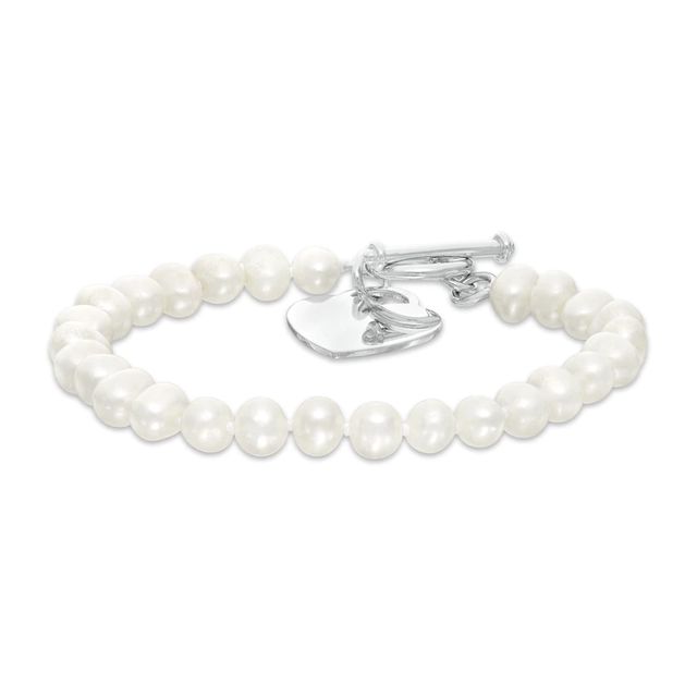 5.0-6.0mm Freshwater Cultured Pearl Strand Bracelet with Sterling Silver Heart Charm and Toggle Clasp-7.5"