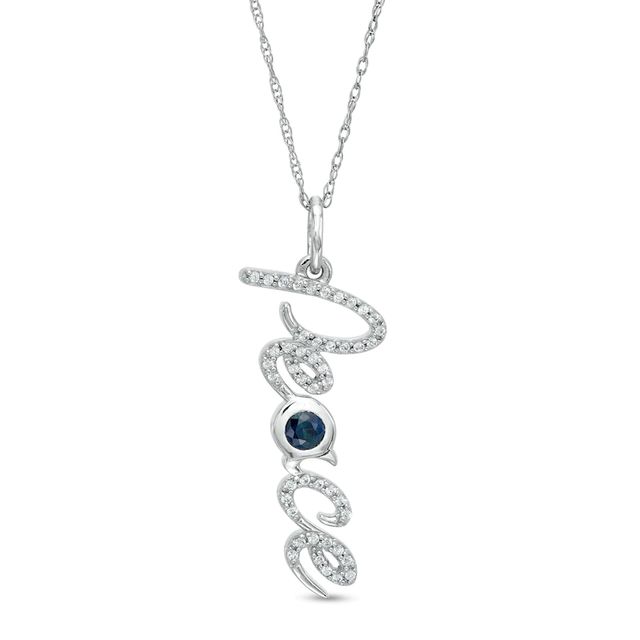 3.0mm Lab-Created Blue and White Sapphire "Peace" Script Vertical Pendant in Sterling Silver|Peoples Jewellers