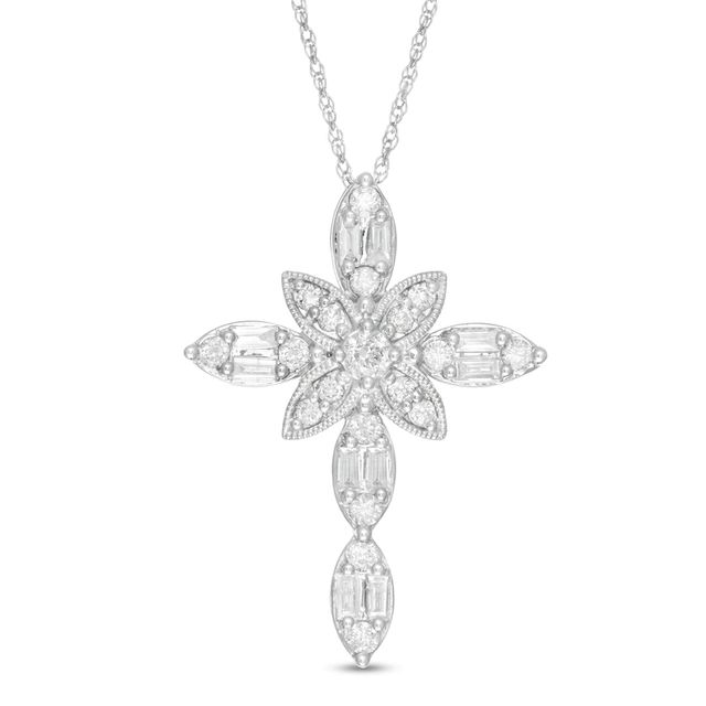 0.50 CT. T.W. Baguette and Round Diamond Vintage-Style Cross Pendant in 10K White Gold|Peoples Jewellers
