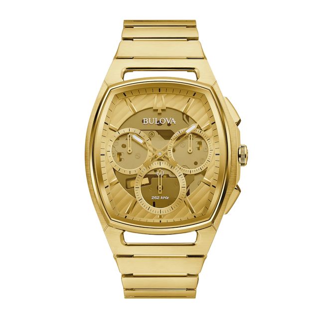 Men's Bulova Curv Gold-Tone Chronograph Watch with Tonneau Champagne Skeleton Dial (Model: 97A160)|Peoples Jewellers