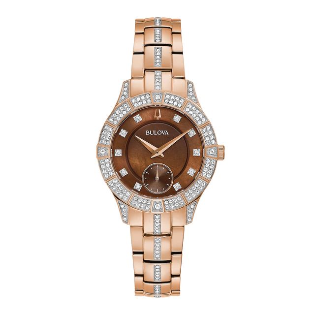 Ladies' Bulova Phantom Crystal Accent Rose-Tone Watch with Brown Mother-of-Pearl Dial (Model: 98L284)|Peoples Jewellers
