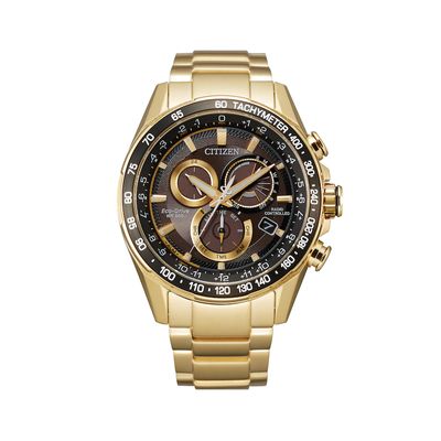 Men's Citizen Eco-Drive® PCAT Gold-Tone Chronograph Watch with Black Dial (Model: CB5912-50E)|Peoples Jewellers