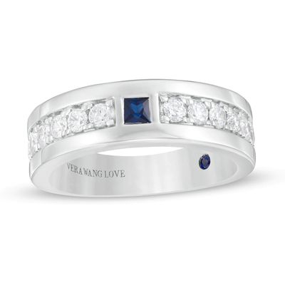 Vera Wang Love Collection Men's Square-Cut Blue Sapphire and 0.69 CT. T.W. Diamond Wedding Band in 14K White Gold|Peoples Jewellers