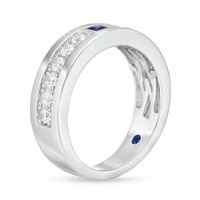 Vera Wang Love Collection Men's Square-Cut Blue Sapphire and 0.69 CT. T.W. Diamond Wedding Band in 14K White Gold|Peoples Jewellers