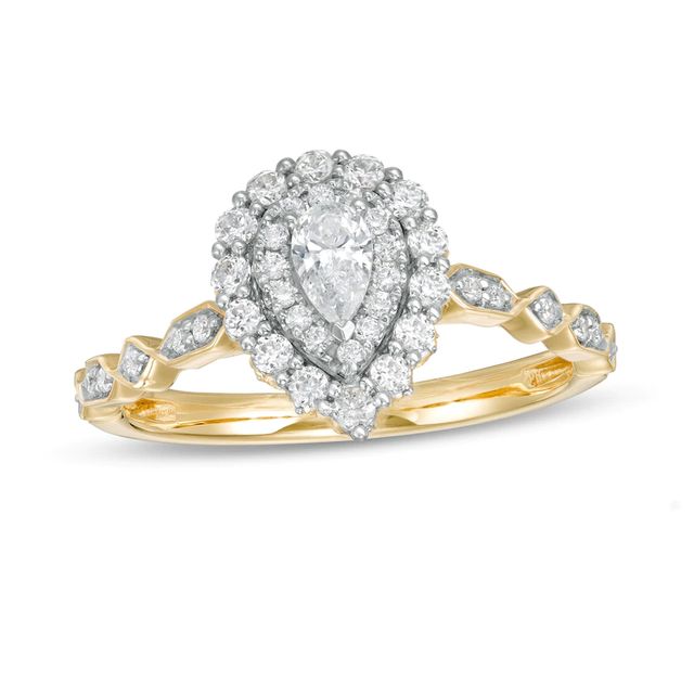 0.63 CT. T.W. Pear-Shaped Diamond Double Frame Geometric Shank Engagement Ring in 14K Two-Tone Gold|Peoples Jewellers