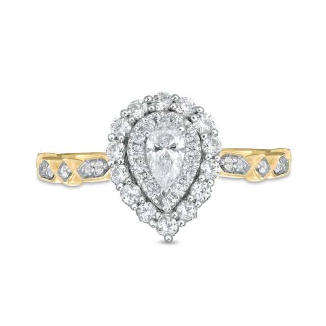 0.63 CT. T.W. Pear-Shaped Diamond Double Frame Geometric Shank Engagement Ring in 14K Two-Tone Gold|Peoples Jewellers