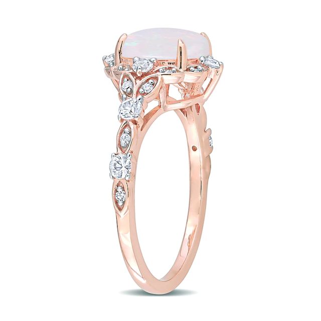 8.0mm Cushion-Cut Opal, White Sapphire and 0.064 CT. T.W. Diamond Ornate Frame Vintage-Style Ring in 10K Rose Gold|Peoples Jewellers