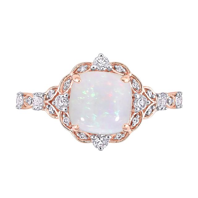 8.0mm Cushion-Cut Opal, White Sapphire and 0.064 CT. T.W. Diamond Ornate Frame Vintage-Style Ring in 10K Rose Gold