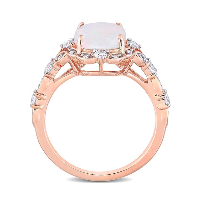 8.0mm Cushion-Cut Opal, White Sapphire and 0.064 CT. T.W. Diamond Ornate Frame Vintage-Style Ring in 10K Rose Gold