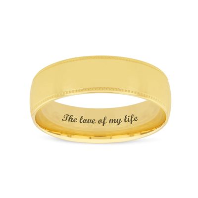 Men's 6.0mm Engravable Comfort-Fit Coin-Textured Edge Wedding Band in 14K White or Yellow Gold (1 Line)|Peoples Jewellers