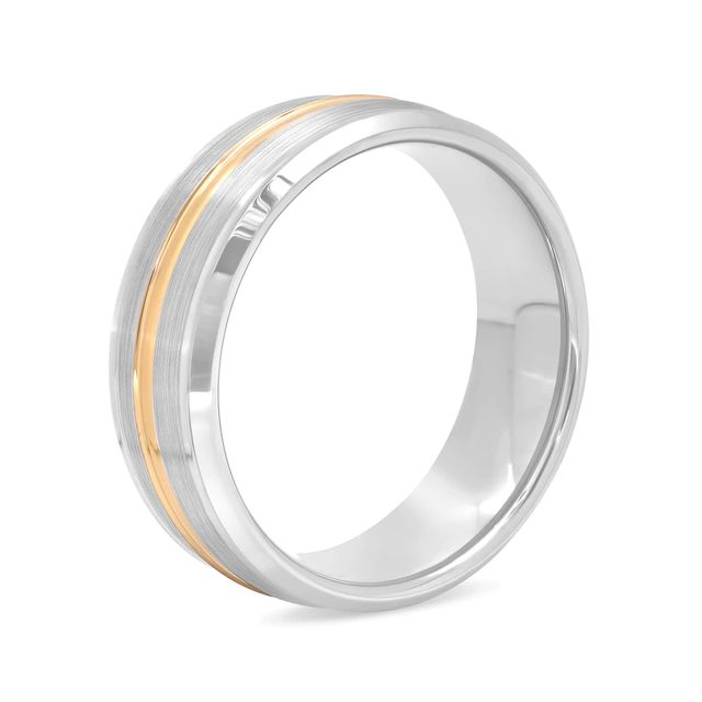 Men's 8.0mm Satin Inlay Groove Bevelled Edge Comfort-Fit Wedding Band in Tantalum and Yellow IP (1 Line)|Peoples Jewellers