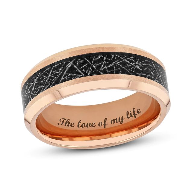 Men's 8.0mm Bevelled Edge Wedding Band in Tantalum with Rose IP and Textured Black Carbon Fibre Inlay (1 Line)|Peoples Jewellers