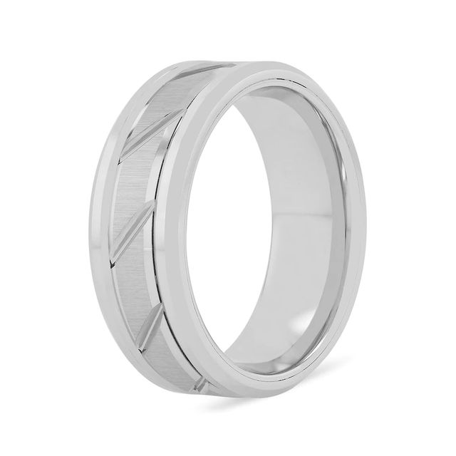 Men's 8.0mm Multi-Finish Slant Groove Bevelled Edge Comfort-Fit Wedding Band in Black or White Tungsten (1 Line)|Peoples Jewellers