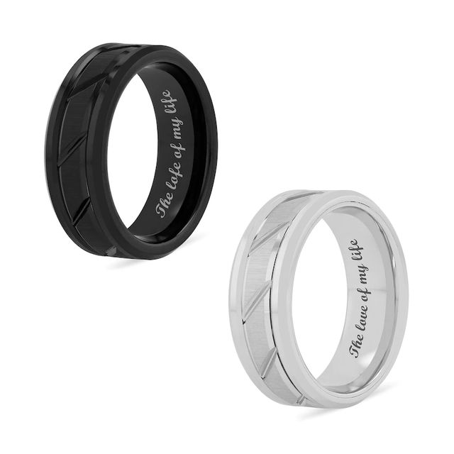 Men's 8.0mm Multi-Finish Slant Groove Bevelled Edge Comfort-Fit Wedding Band in Black or White Tungsten (1 Line)|Peoples Jewellers