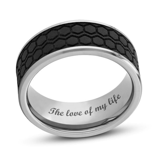 Men's 9.0mm Brushed Hexagonal Tire Tread Bevelled Edge Comfort-Fit Wedding Band in Tungsten and Carbon Fibre (1 Line)|Peoples Jewellers