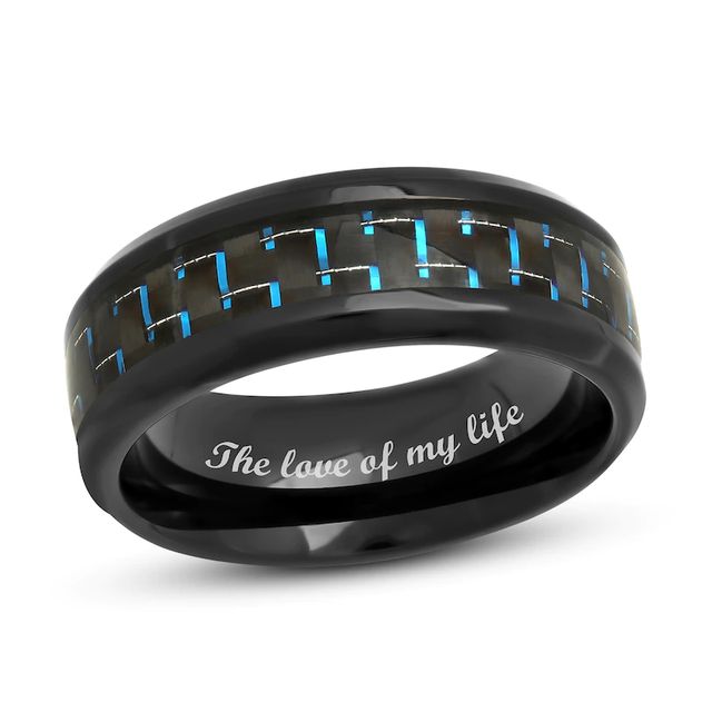 Men's 8.0mm Bevelled Edge Wedding Band in Stainless Steel with Black and Blue IP and Woven Carbon Fibre Inlay (1 Line)|Peoples Jewellers