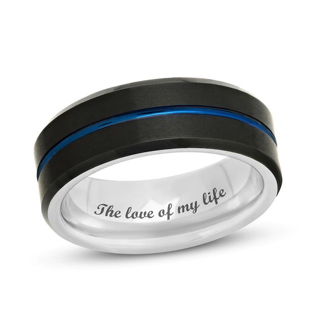 Men's 8.0mm Satin Groove Bevelled Edge Comfort-Fit Wedding Band in Stainless Steel with Black and Blue IP (1 Line)|Peoples Jewellers