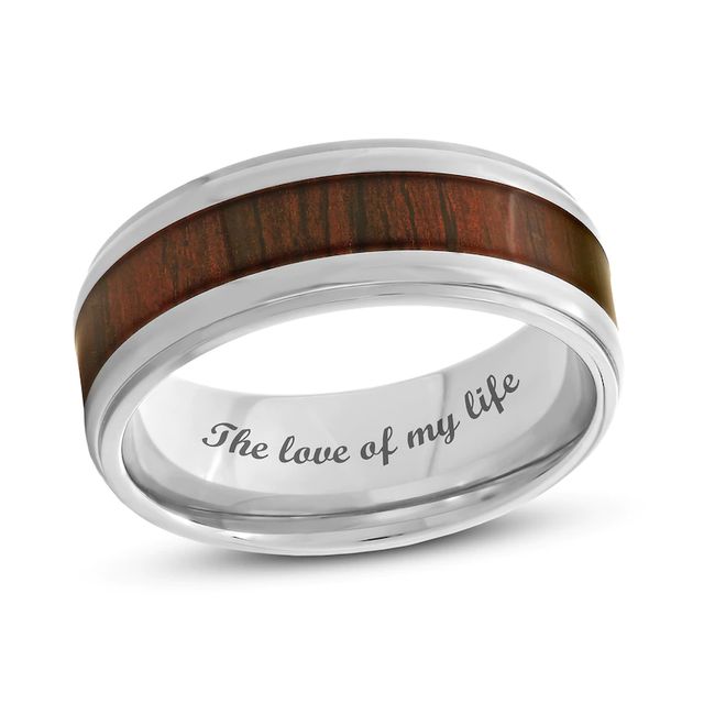 Men's 8.0mm Stepped Edge Comfort-Fit Wedding Band in Stainless Steel with Brown Wood Grain Carbon Fibre Inlay (1 Line)|Peoples Jewellers