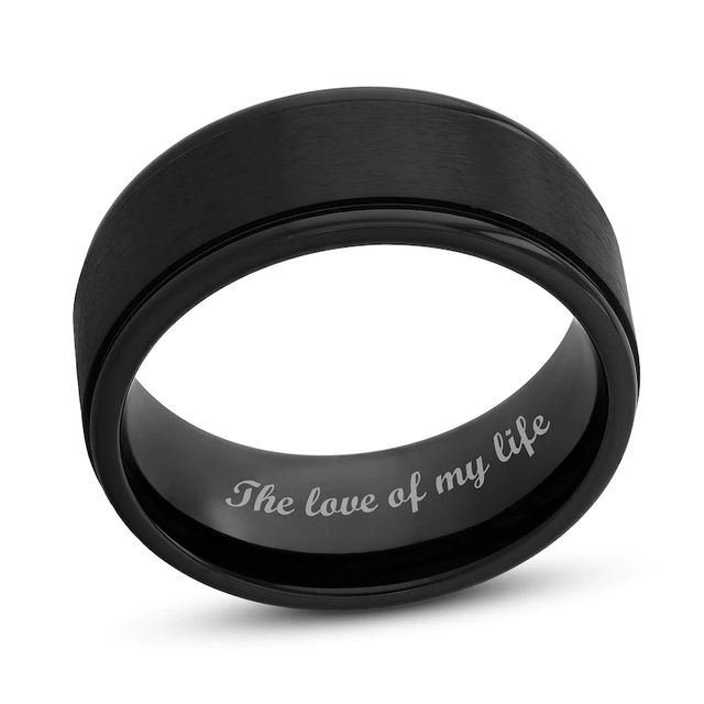 Men's 9.0mm Engravable Satin Stepped Edge Comfort-Fit Wedding Band in Titanium with Black IP (1 Line)|Peoples Jewellers