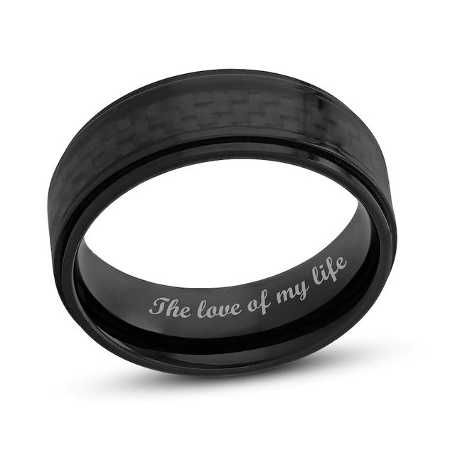 Men's 8.0mm Engravable Stepped Edge Comfort-Fit Wedding Band in Titanium with Black IP and Carbon Fibre Inlay (1 Line)|Peoples Jewellers