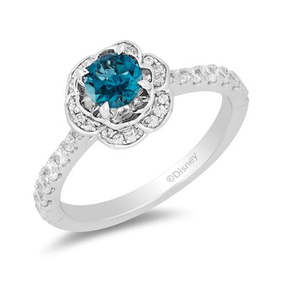 Enchanted Disney Cinderella 5.0mm London Blue Topaz and 0.29 CT. T.W. Diamond Frame Engagement Ring in 14K White Gold|Peoples Jewellers