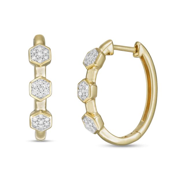 0.20 CT. T.W. Composite Diamond Hexagon Linear Three Stone Hoop Earrings in 10K Gold