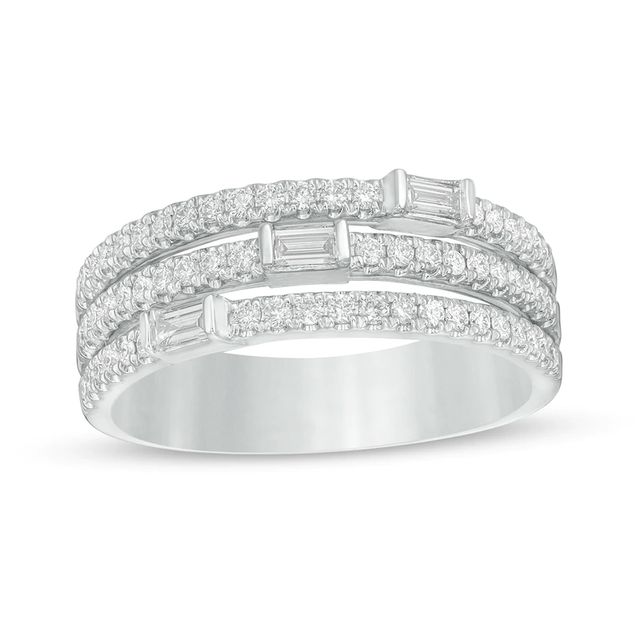 0.50 CT. T.W. Baguette and Round Diamond Triple Row Anniversary Band in 14K White Gold|Peoples Jewellers