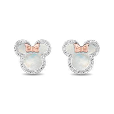 Disney Treasures Minnie Mouse Mother of Pearl and Diamond Outline Stud Earrings in Sterling Silver and 10K Rose Gold|Peoples Jewellers