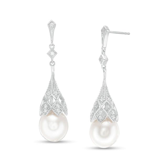 IMPERIAL® Oval Freshwater Cultured Pearl and Lab-Created White Sapphire Vintage-Style Drop Earrings in Sterling Silver|Peoples Jewellers