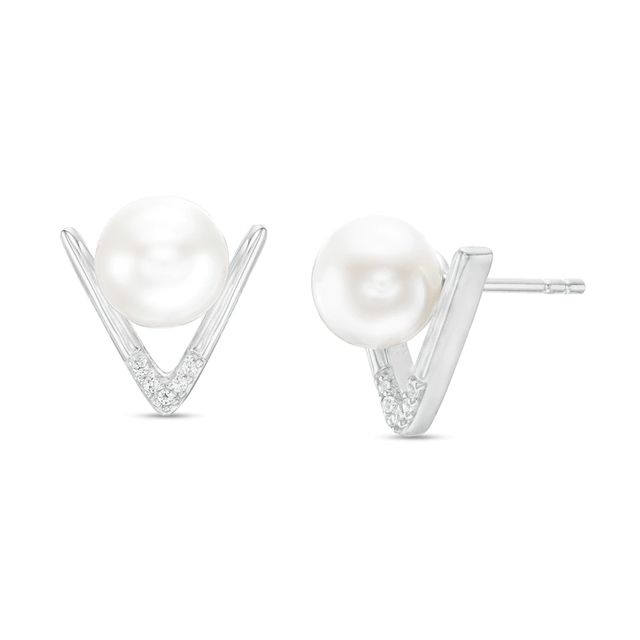 IMPERIAL® 7.0-7.5mm Freshwater Cultured Pearl and Lab-Created White Sapphire Chevron Stud Earrings in Sterling Silver|Peoples Jewellers